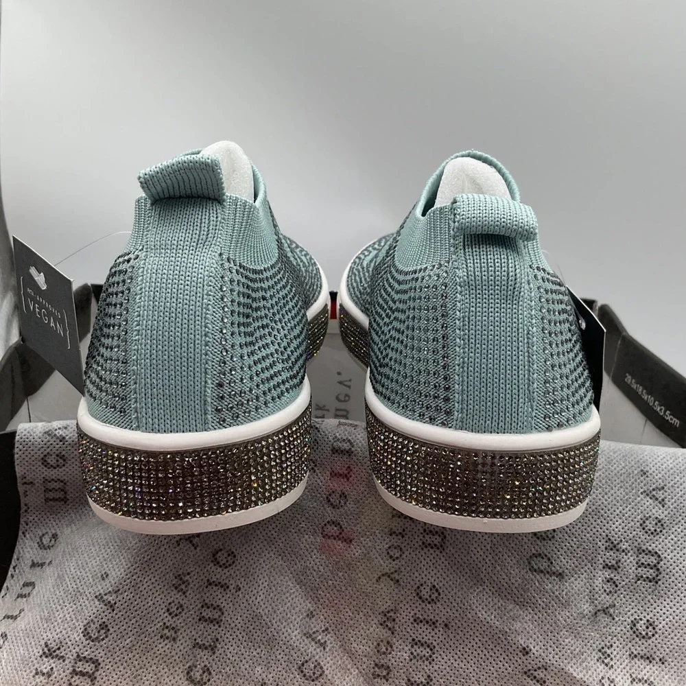 Bernie Mev New York Womens Mint Rhinestone Stretch Knit Slip On Sneakers Size 38